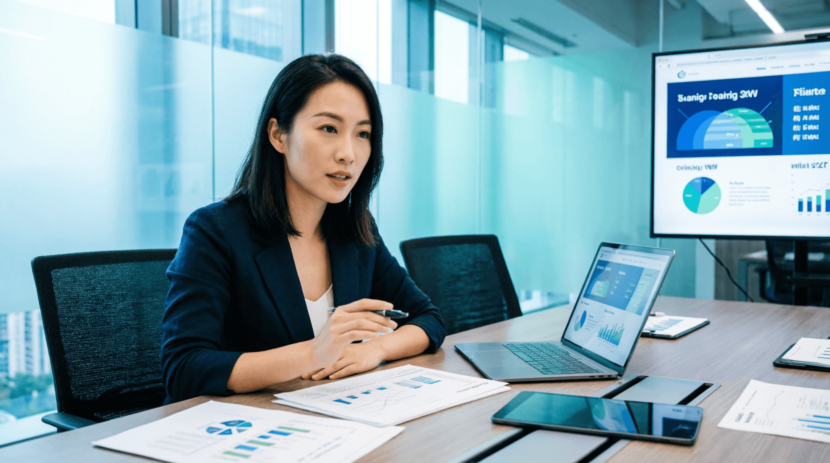 女性创业者在会议室中与团队复盘融资策略和商业计划书