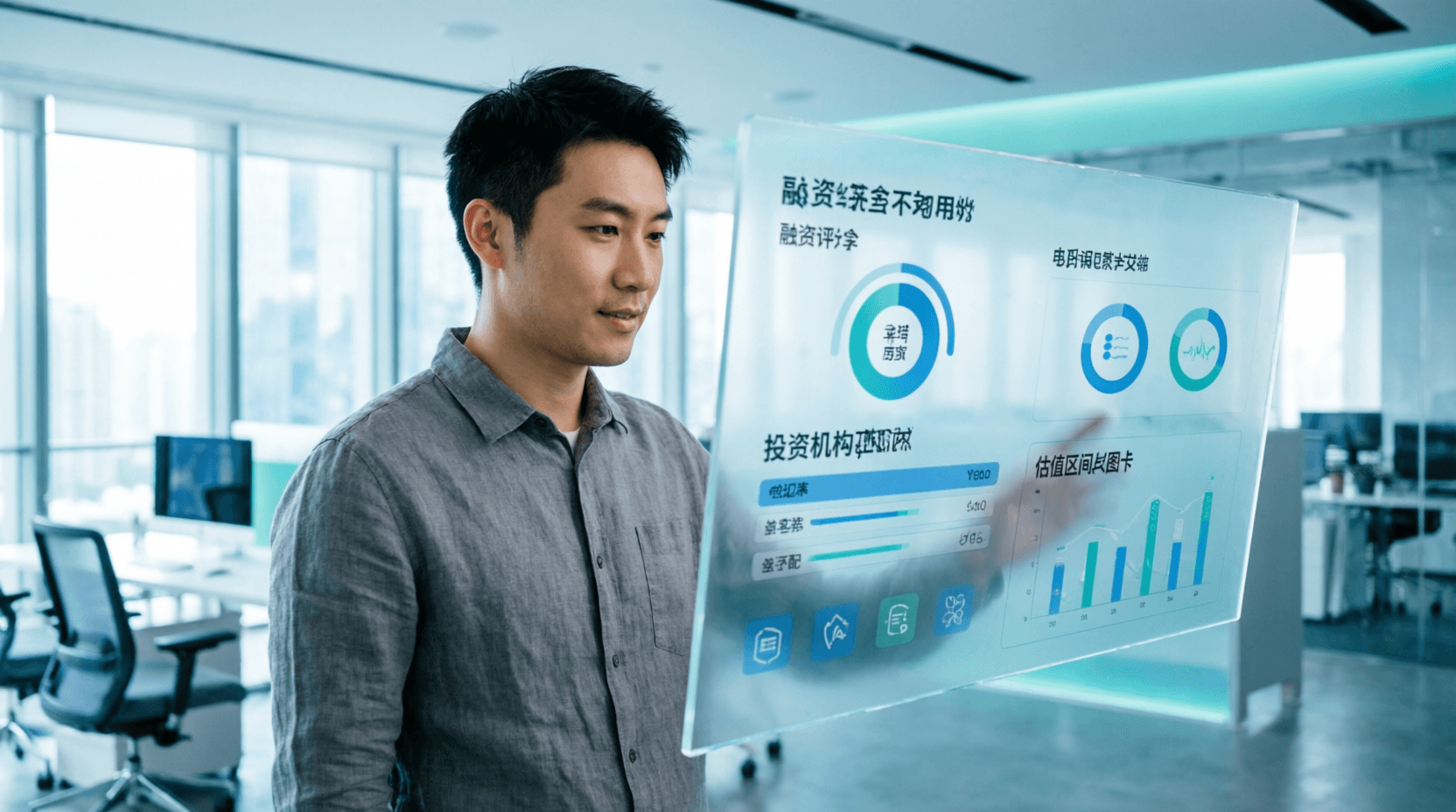 创业者在通透办公环境中查看融资评分、机构匹配和估值分析